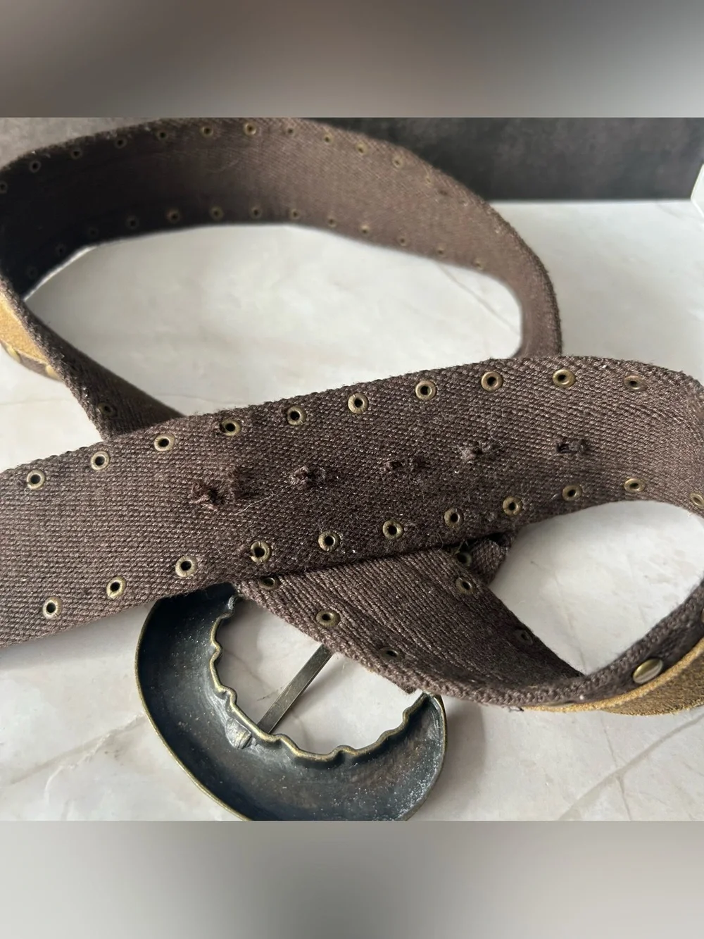 Vintage Brown Suede-Trim Belt with Antique Tone Brass Buckle and Accents